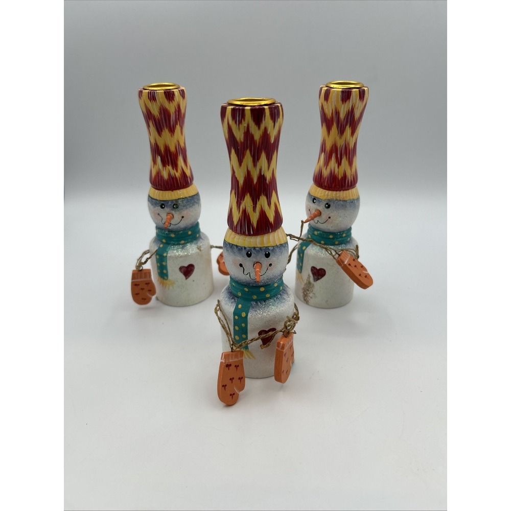 Christmas Winter Snowmen Trio Candlestick Candle Holders Colorful 6.75" Set of 3